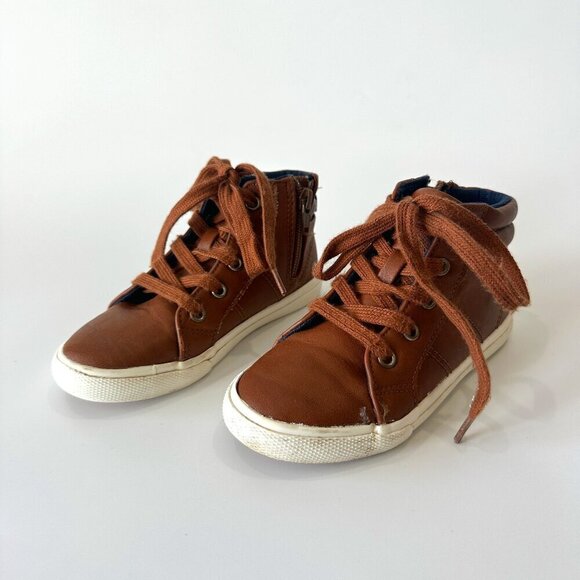Cat & Jack Brown Faux Leather High Top Lace Up & Side Zipper Sneakers Shoes - Picture 2 of 4